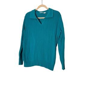 Kim Rogers V-Neck Collared Turquoise Ribbed Sweater Sz XL